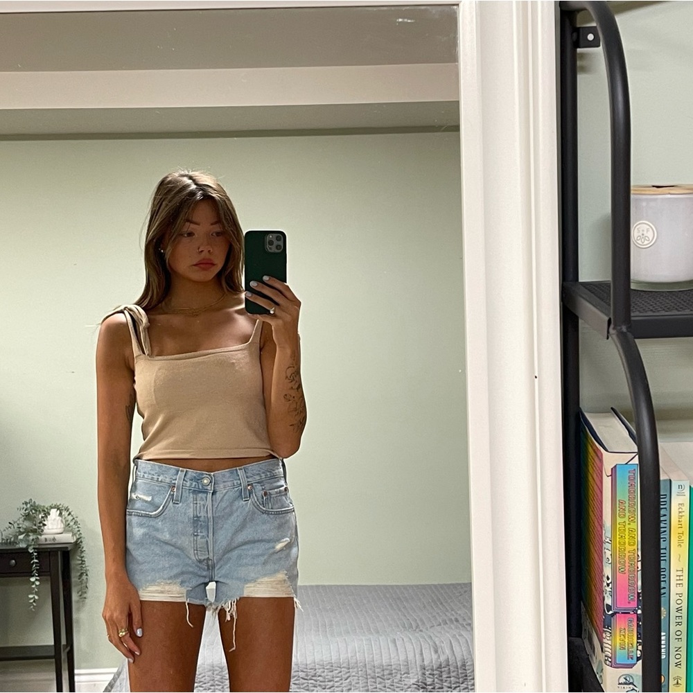 Tie sleeve tan tight knitted top. Perfect for summer with your fav denim shorts